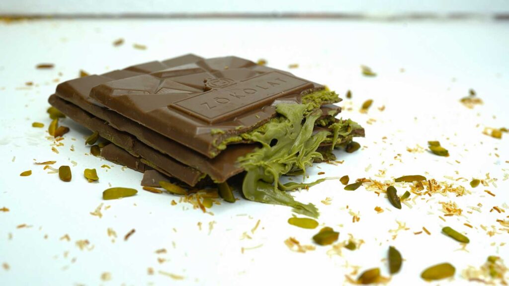 Dubai chocolate bar with pistachio crumble showing texture contrast